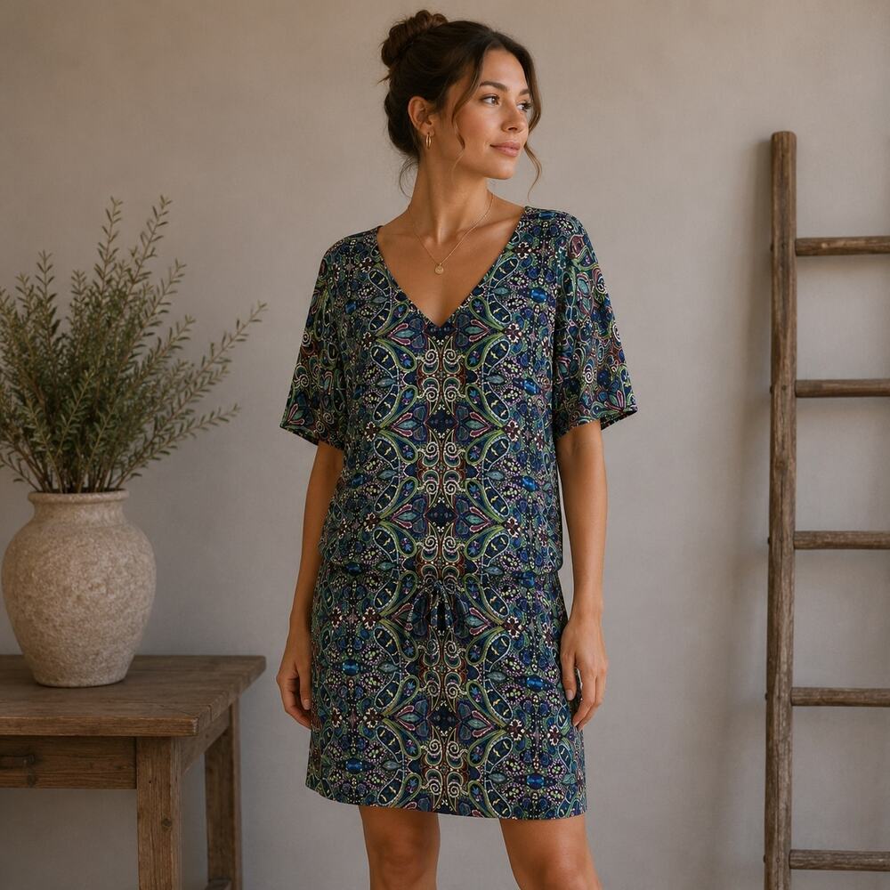 SW3 Bespoke Blue Paisley Short Sleeve Silk Dress  XS/S